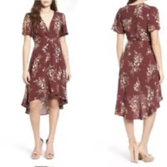 ASTR The Label Wrap Midi Dress Size XS Floral Burgundy Wrap Dress - Picture 9 of 9
